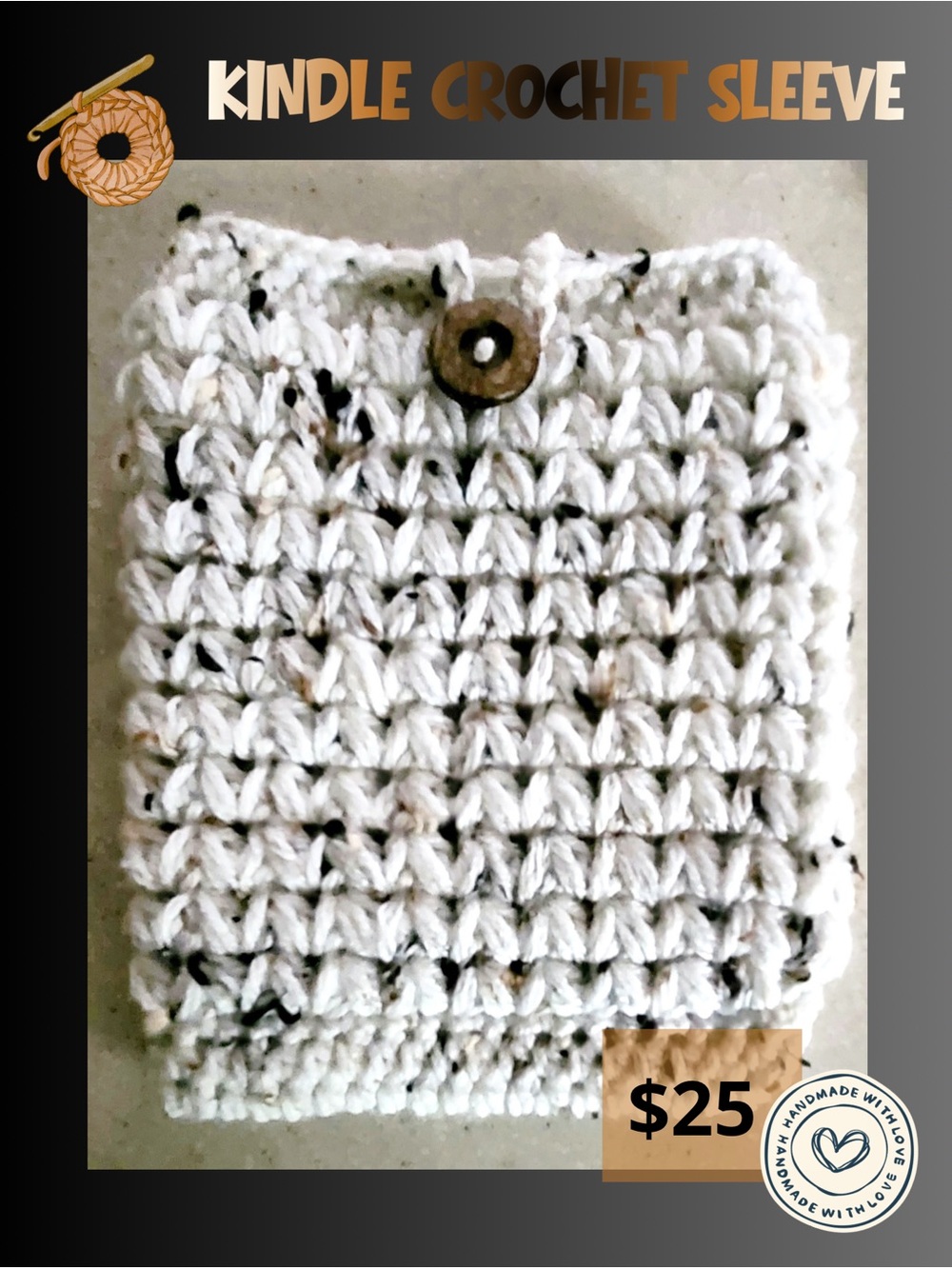 Handmade Crochet Kindle Sleeve in Cream with Speckled Accents